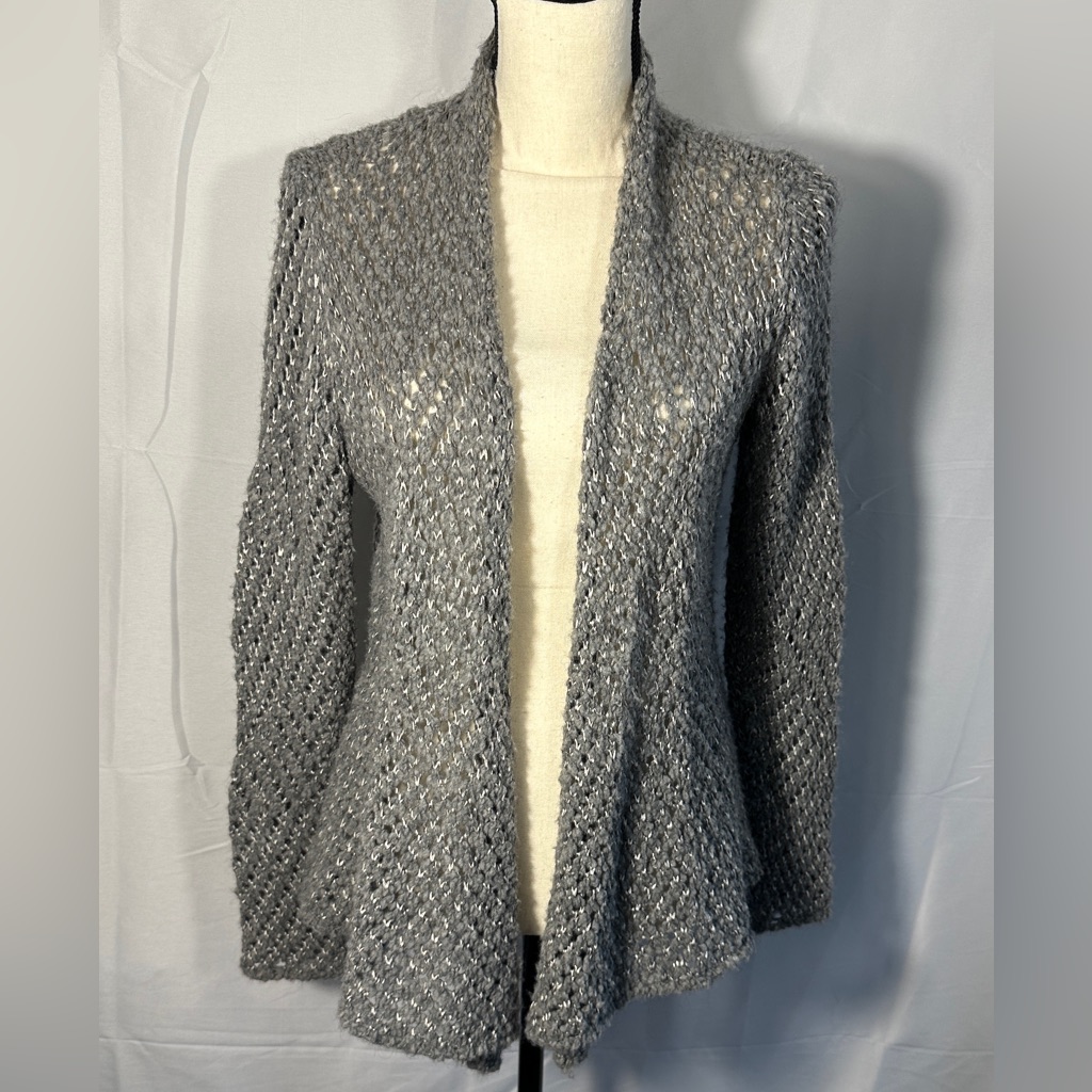 Eileen Fisher Knit Gray/Silver Wool Alpaca Blend Sweater Eco Pebble Open Stitch